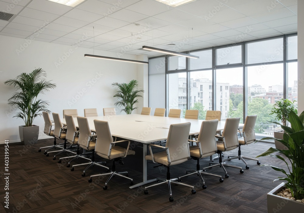Obraz premium Conference room with large table and chairs near windows and plants in a modern office space