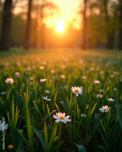 Prairie fleurie au lever du soleil
 photo