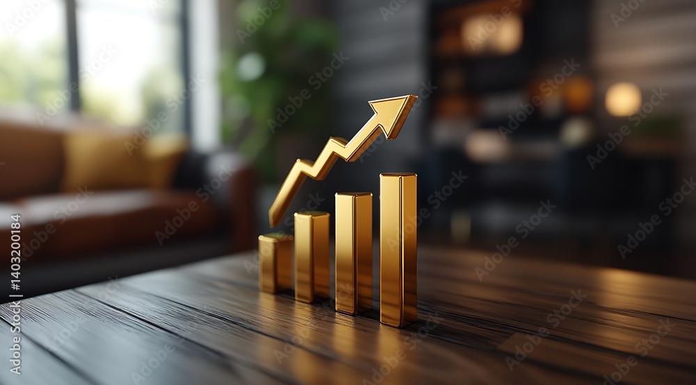 Stylized Golden Bar Graph with Arrows Indicating Growth Resting on a Wooden Table : Generative AI