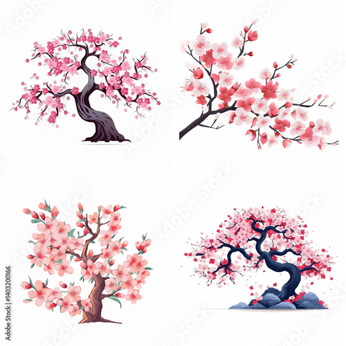Four illustrations of blossoming cherry blossom trees. photo