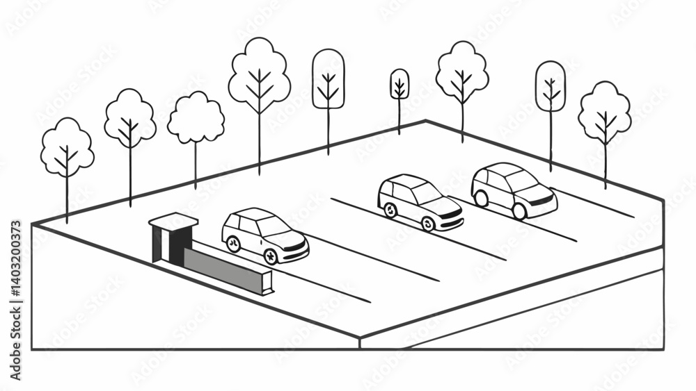 Parking Lot with Trees A line drawing of a parking lot that includes a row of accessible parking spaces with trees or landscaping to enhance the environment.