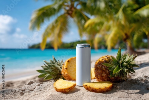 Drink can with pineapple on tropical beach backdrop for summertime refreshment
