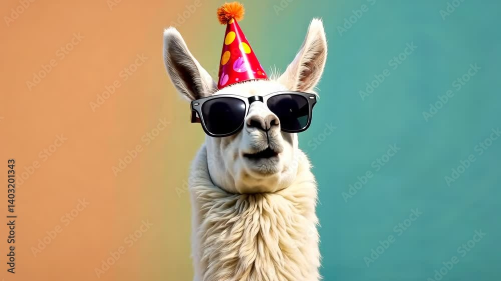 Cool llama with black sunglasses and red party hat standing against a colorful gradient background, symbolizing fun and celebration