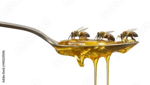 Honey Dripping from Spoon with Bees Crawling on Surface for Nature and Food Photography