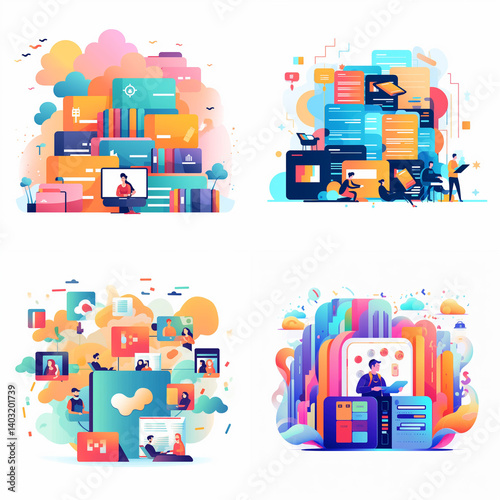 Colorful digital illustrations depicting collaborative work in cloud-based environments.