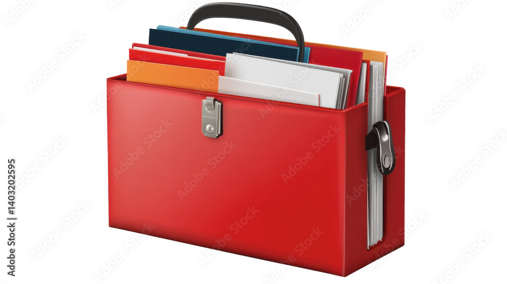 Red Briefcase Full of Documents: A professional red briefcase, meticulously organized with documents of various sizes, ready for crucial meetings or projects. Red Briefcase Full of Documents: A professional red briefcase, meticulously organized with documents of various sizes, ready for crucial meetings or projects.