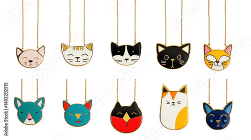 Colorful Cat Necklace Collection: A delightful collection of colorful cat necklaces, each featuring a unique design and expression.