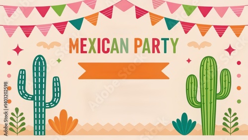 Colorful Mexican party banner featuring cacti and decorative elements, perfect for festive occasions.