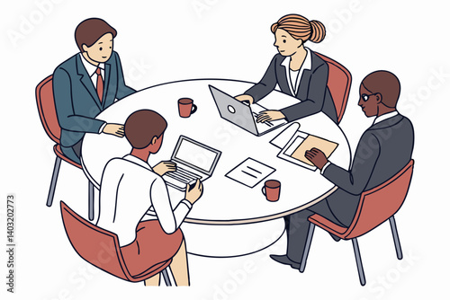 business professionals analyzing documents during corporate meeting in modern boardroom with urban skyline background illustration

