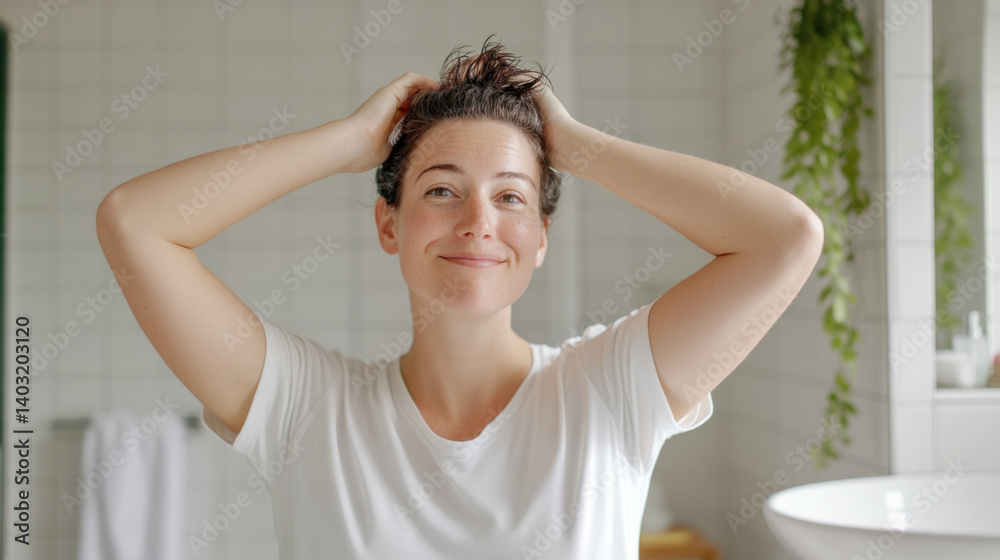 woman with short hair smiling while styling her hair in bright bathroom, creating cheerful atmosphere. room features white tiles and hanging plant woman with short hair smiling while styling her hair in bright bathroom, creating cheerful atmosphere. room features white tiles and hanging plant