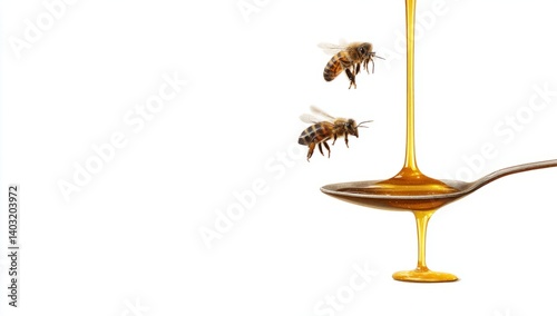 Two Bees Hovering Above Dripping Honey on Spoon Against White Background