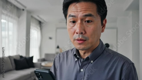 Adult Asian man reacts to surprising news while looking at smartphone in modernly furnished house with gray couch and white curtains