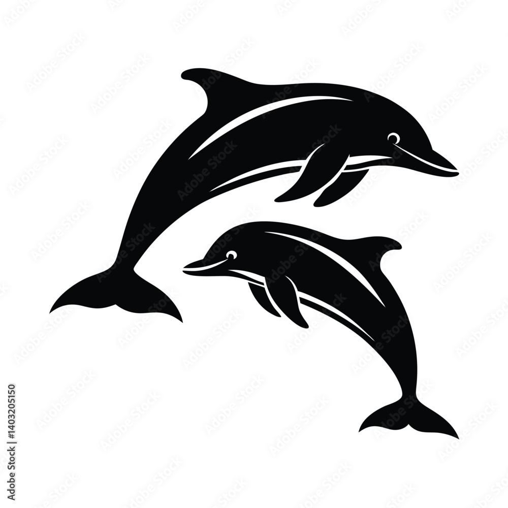 Fototapeta premium Two playful dolphins leaping in silhouette