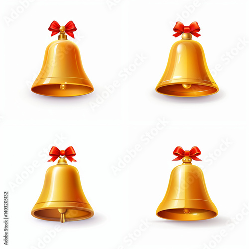 Four golden Christmas bells with red bows.
