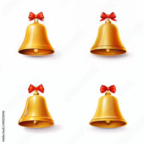 Four gold bells with red bows, a festive illustration set.