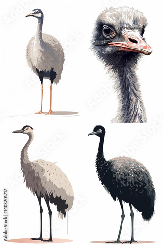 Four illustrations of flightless birds, showcasing variety in plumage.