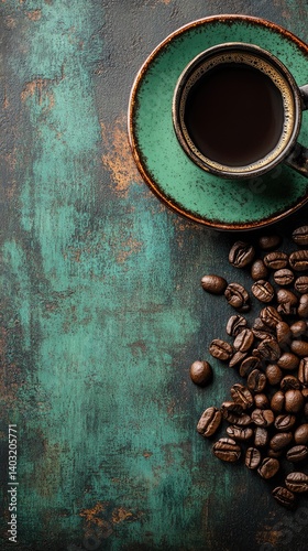 A cup of coffee and coffee beans, against a mottled teal and brown background, overhead view