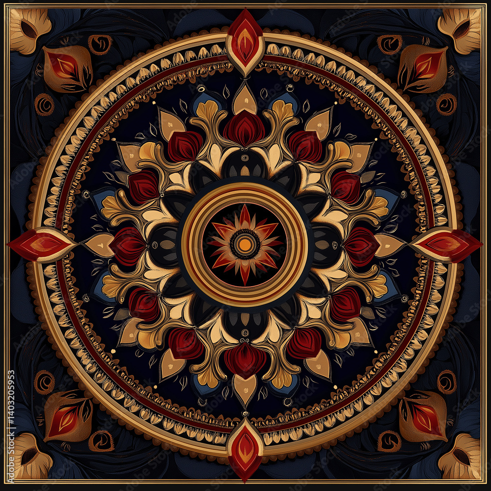 Symmetrical Thai motifs in circle patterns resembling chakras and spiritual symbols 