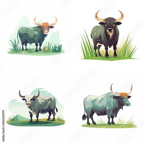 Four variations of a  domesticated bovine species.