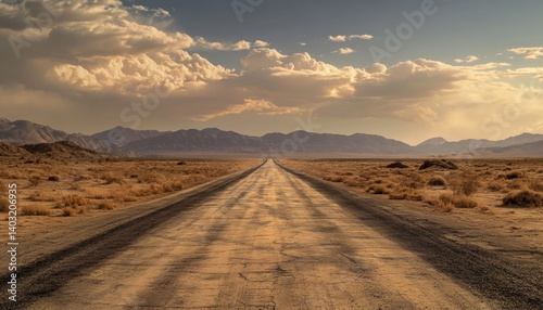 A deserted road stretches into a vast desert landscape under a cloudy sky.