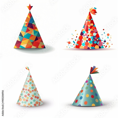 Four party hats with vibrant designs and confetti.
