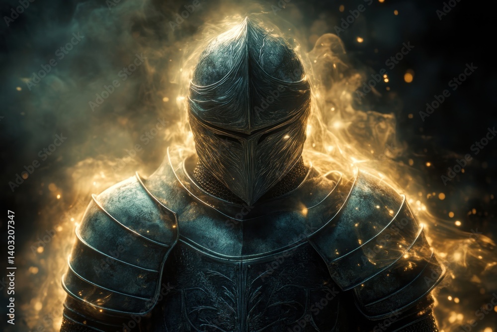 Fototapeta premium Knight in shining armor surrounded by glowing mist and sparks in fantastical setting