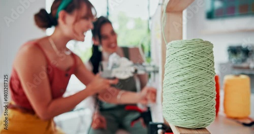 Women, happy and weaving in art with wool, care and social talking in creative class in studio. Designer, student and learning on tufting gun or machine and friends with conversation of handmade rug