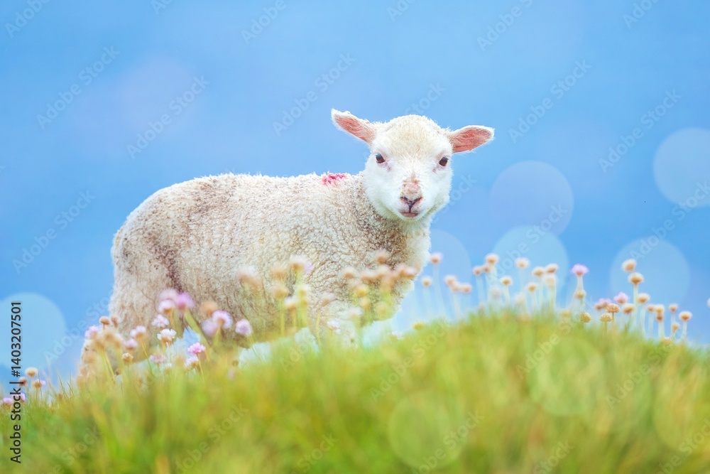 Easter, cute newborn lamb close up on fresh spring meadow.
Easter, cute newborn lamb close up on fresh spring meadow.
