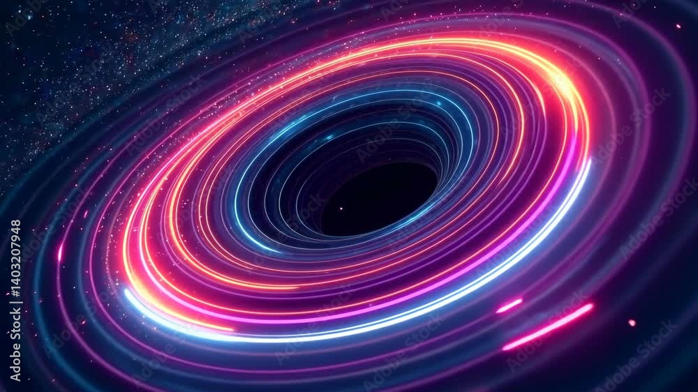Glowing neon vortex of swirling rings in outer space, digital art style, cosmic starfield background, concept of black hole or wormhole