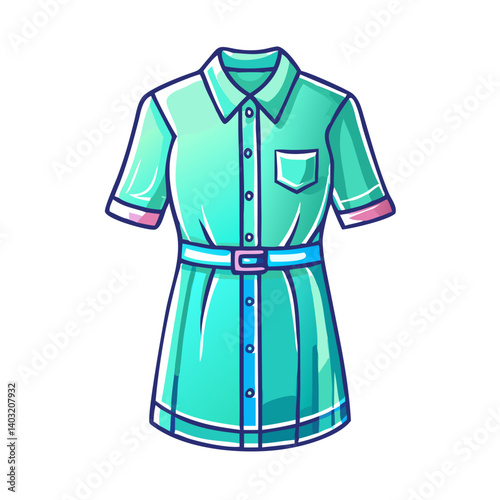 Stylish Turquoise Short Sleeve Button Down Belted Shirt Dress Womens Fashion Apparel