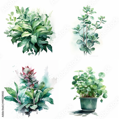 Four botanical illustrations of lush, vibrant foliage.