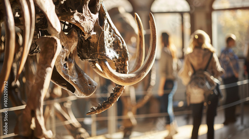 Gigantic mastodon fossil exhibited in natural history museum, prehistoric mammal skeleton on display for education and paleontology study, evolution and ancient wildlife concept.