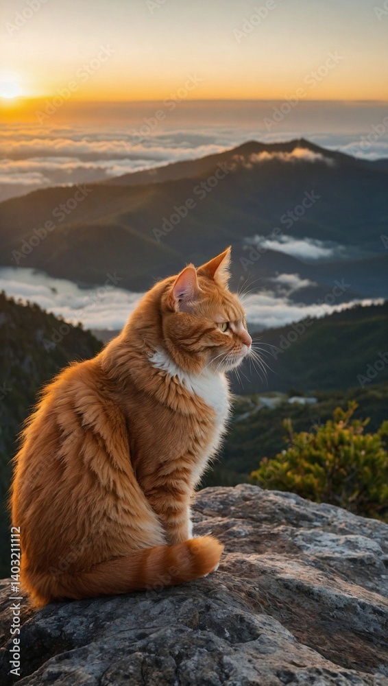 Ginger cat atop mountain peak at sunrise. Ginger cat atop mountain peak at sunrise.