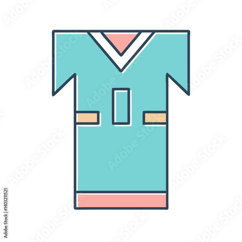 Illustration of a teal colored medical scrub top with a vneck and breast pockets