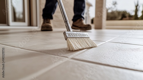 Obraz na płótnie Person sweeping tiled floor with broom emphasizing cleanliness and maintenance in a bright space : Generative AI w salonie