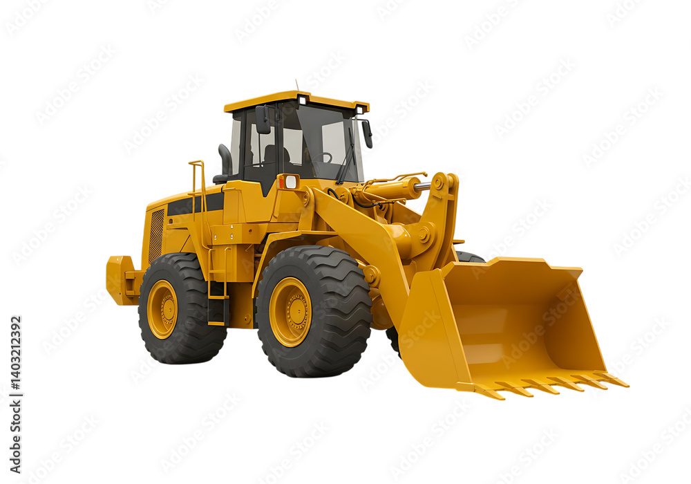 Full shot of a vibrant yellow wheel loader against a transparent background. Full shot of a vibrant yellow wheel loader against a transparent background.