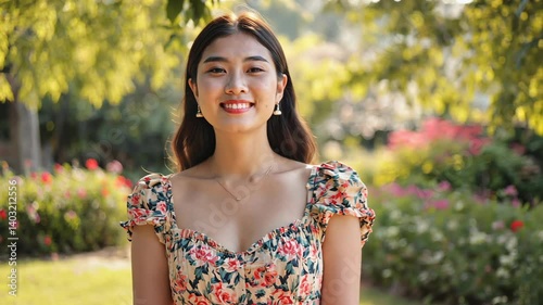 Smiling young woman with floral dress outdoors in flower garden, portrait of elegant beauty, joy and tranquility amidst lush nature scenery