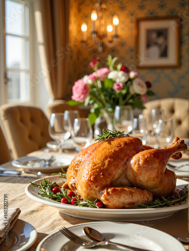 Obraz na płótnie Golden roasted turkey centerpiece on dining table, festive celebration w salonie