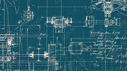 Technical drawing with mechanical components on blueprint background shows industrial design specifications and detailed engineering plan sketches