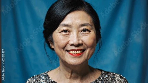 An older Asian woman is smiling cheerfully with red lipstick and is elegantly dressed against a textured blue background.