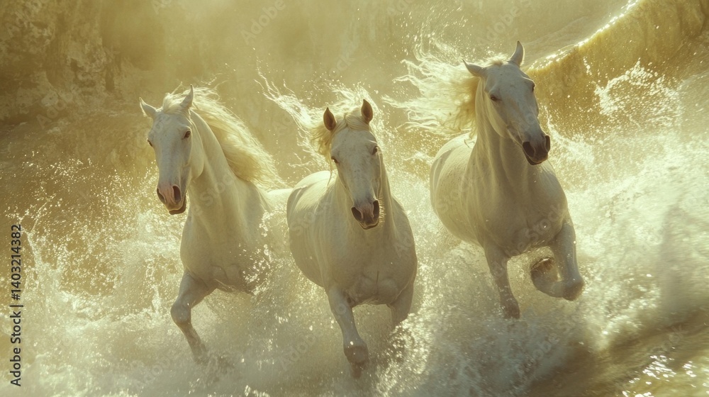 Obraz premium Three White Horses Running Through Water at Sunset