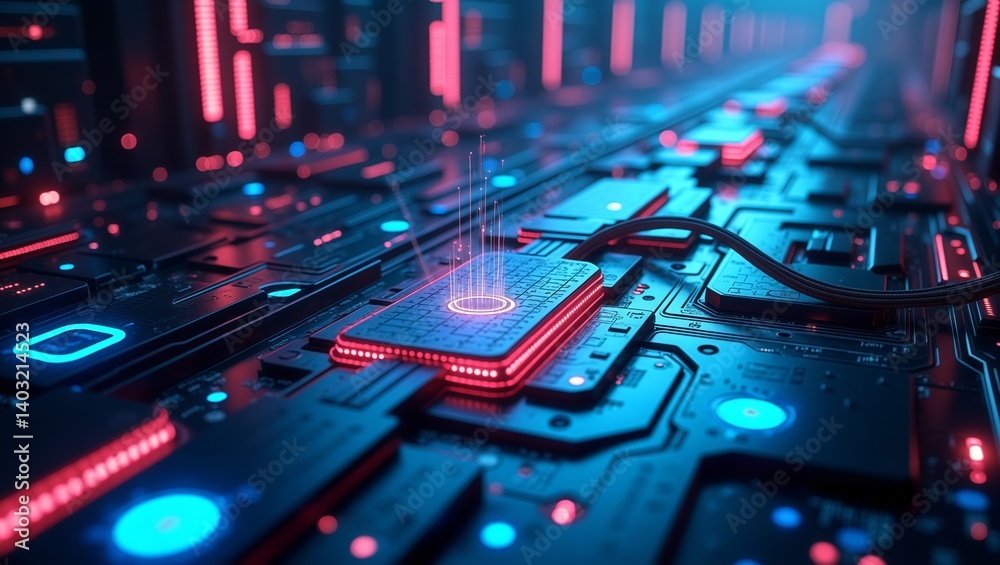 Obraz premium Futuristic 3D sci-fi corridor featuring a high-tech circuit floor illuminated by vibrant neon lights in blue and magenta. The image showcases a deep perspective with glowing circular elements, evoking