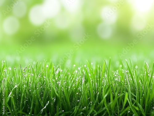 Vibrant green grass glistening with water droplets under soft sunlight