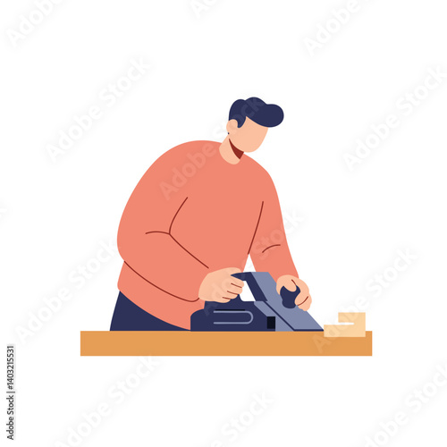 Man using a planer while working on wood against a plain background  