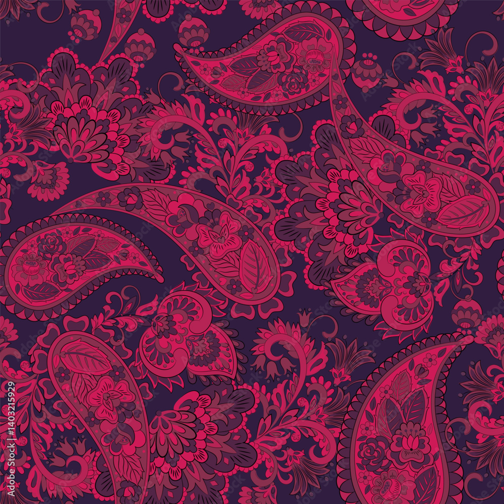 Naklejka premium Turkish Cucumber Paisley seamless vector pattern in traditional Oriental style. Decorated with flowers, leaves, and fantasy elements, for fabric, textile and wallpaper covers