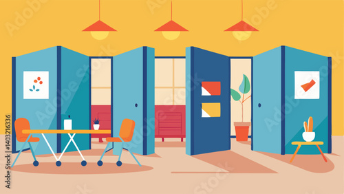 A versatile multipurpose room with moveable partitions to create various spaces for different activities.