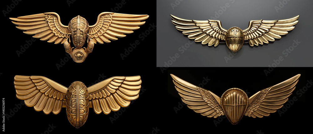 Fototapeta premium Gold-toned decorative emblems with outstretched wings.