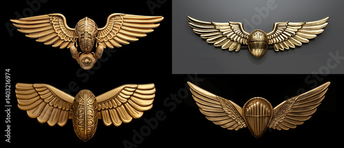 Gold-toned decorative emblems with outstretched wings.