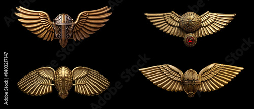 Gold-toned decorative emblems with intricate wings and decorative components.