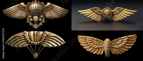 Ornate golden wings and steampunk emblems.